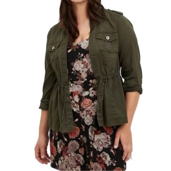 Torrid Jacket Women 00 (Med) Peplum Open Front Drawstring Retro Army Green Twill - Picture 1 of 13